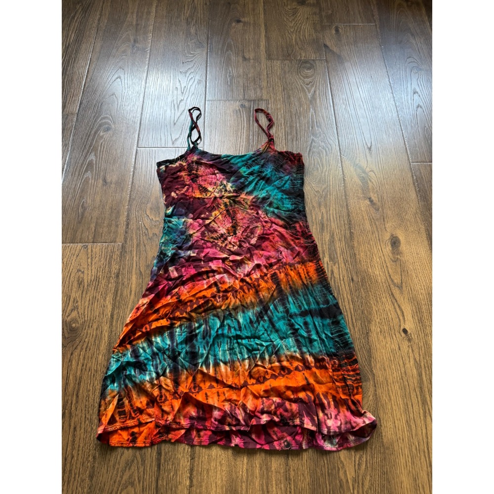 Thai Elephant Tie Dye Mini Dress Womens Small Multi Color Boho Festival Summer